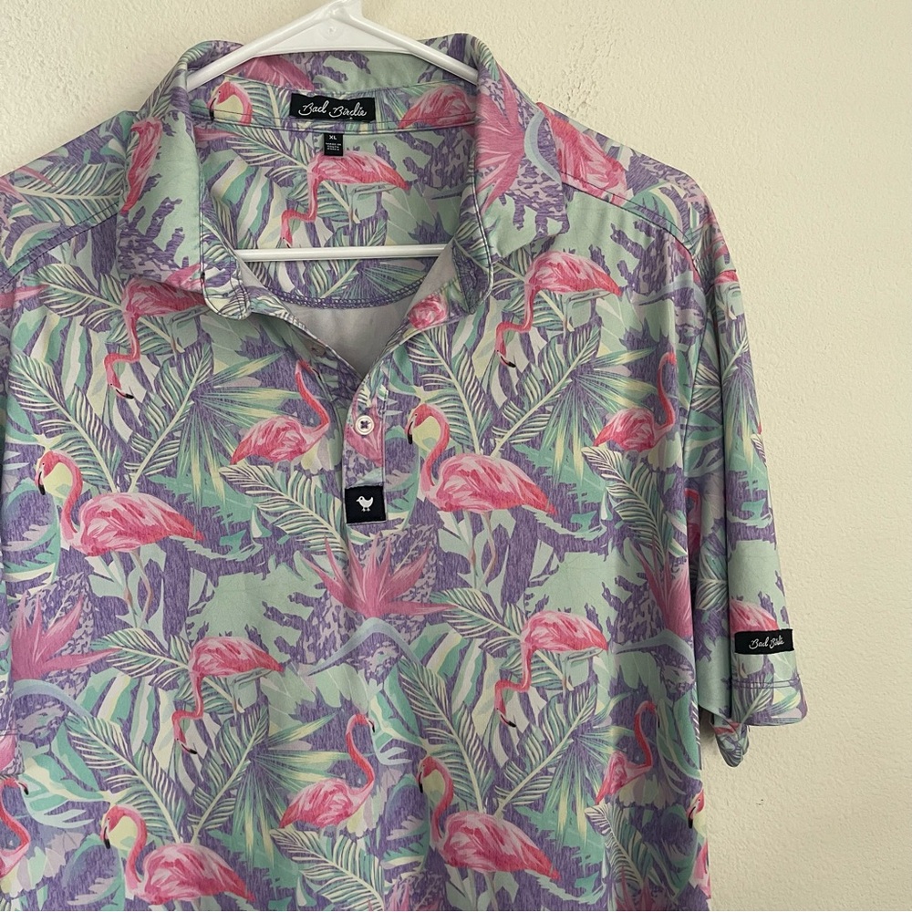 Bad Birdie Flamingo Palm Tree Stretch Performance Polo